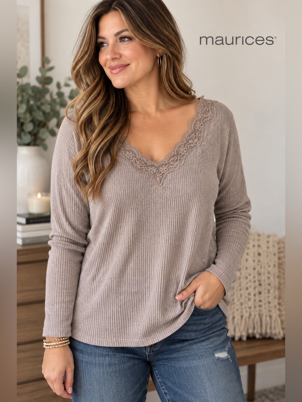 Maurices Taupe Lace Trim Ribbed Top – XXL - Picture 4 of 4